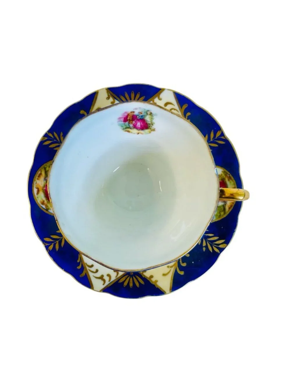 Vintage Cobalt Blue and Gold Teacup Saucer Set Courting Couple Fragonard Style